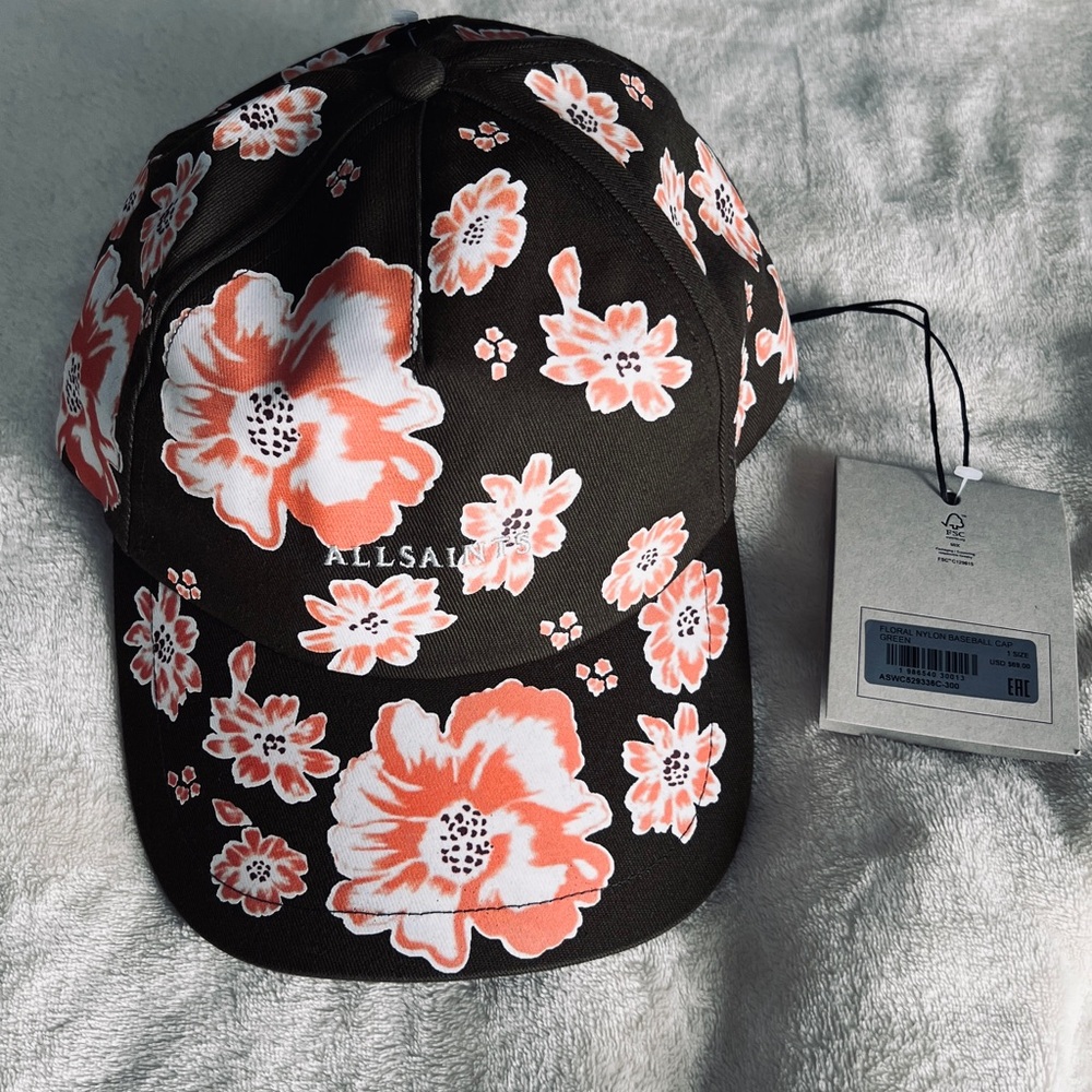 ALLSAINTS Brand New Olive green Floral Baseball Cap